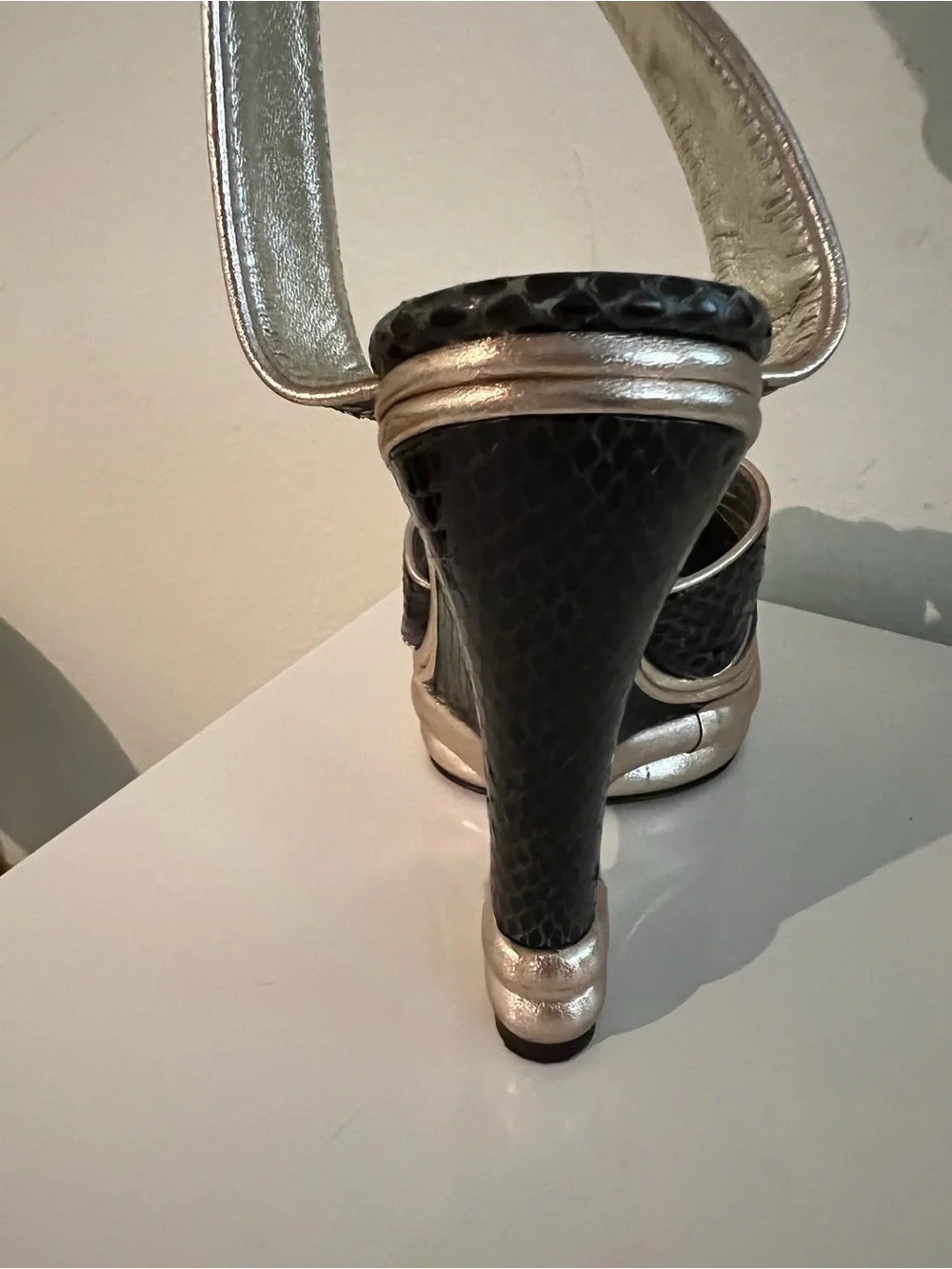 Dolce & Gabbana Black Snakeskin Wedge Sandals with Gold Accents..